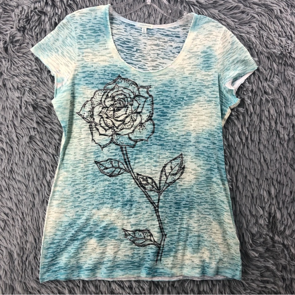 Maurices Shirt Womens Large Burnout Flower Embellished Tie Dye Blue White